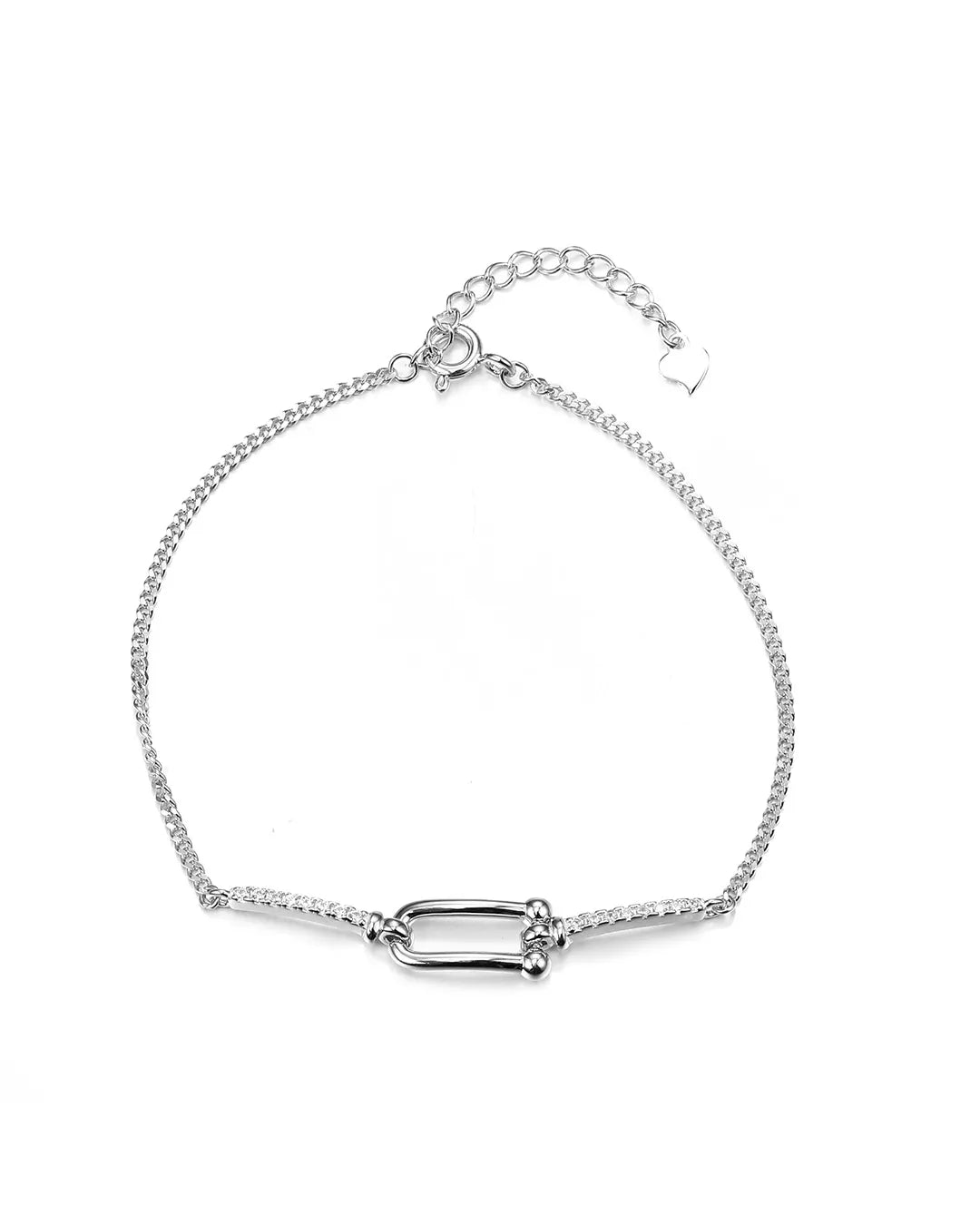 Silver bracelet with a rectangular clasp on a white background
