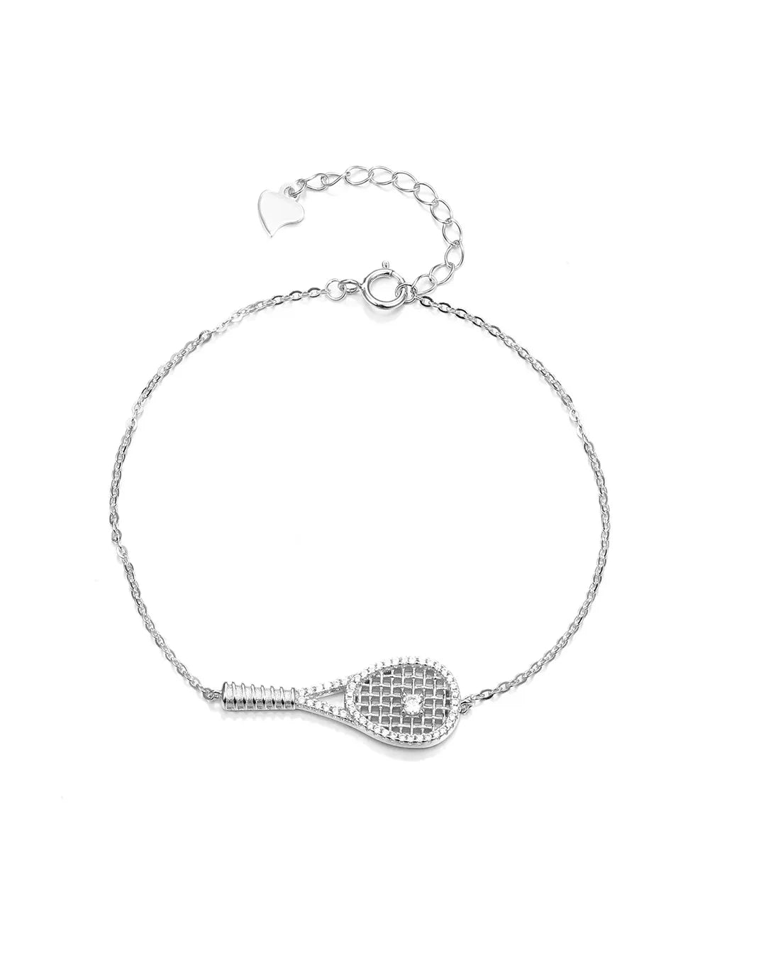Silver bracelet with tennis racket design on a white background