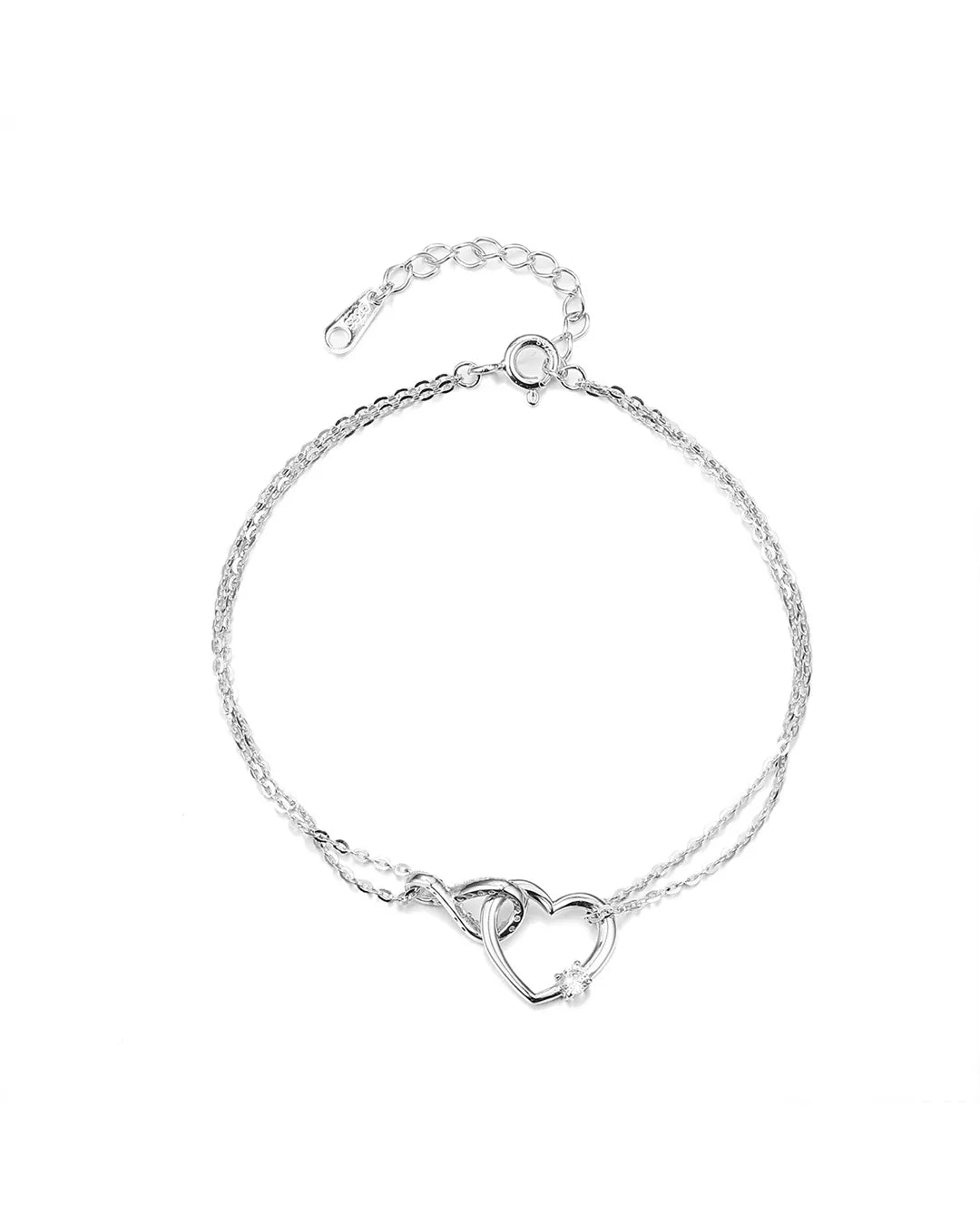 Silver bracelet with a heart-shaped clasp on a white background