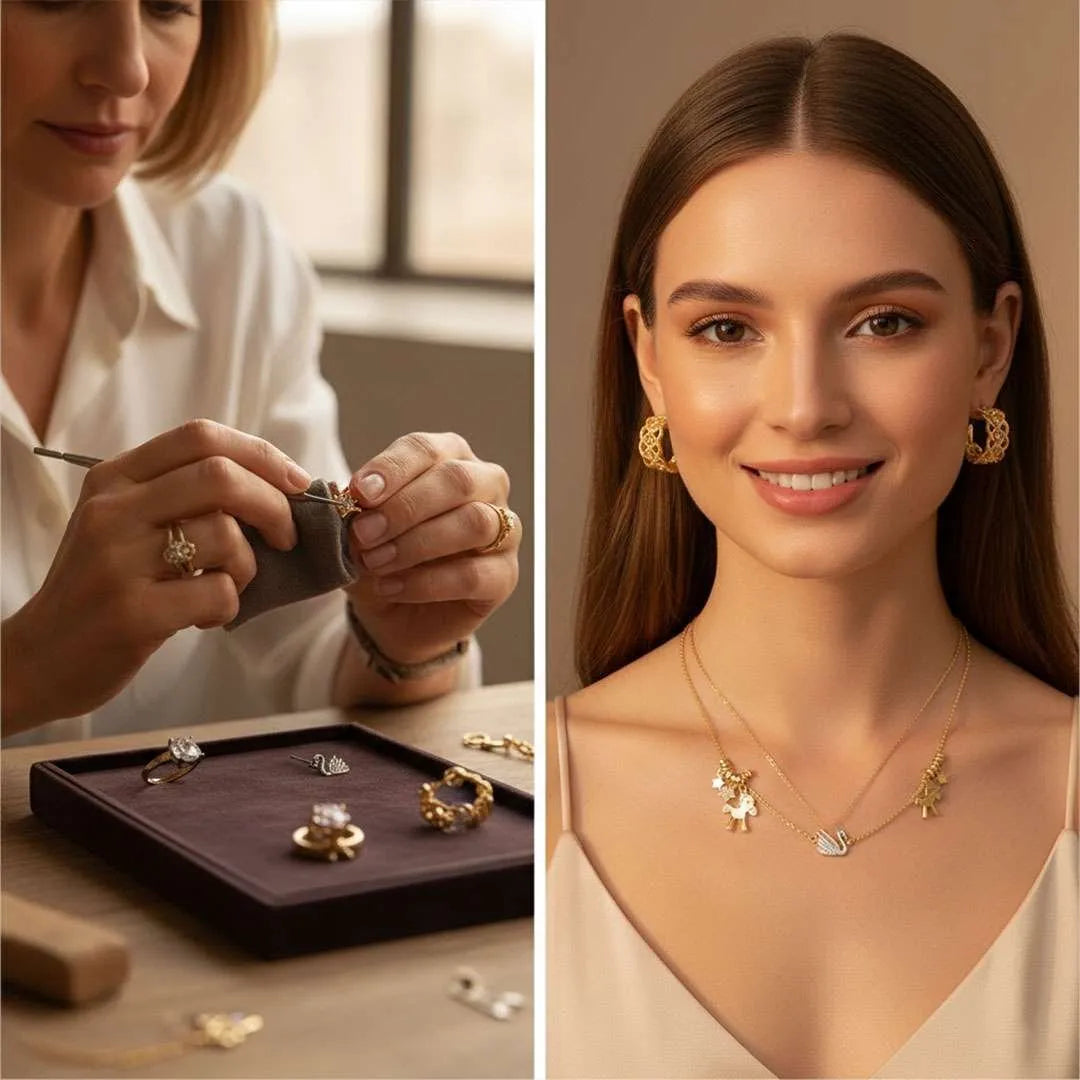 Jewelry-making process and a woman wearing gold jewelry.