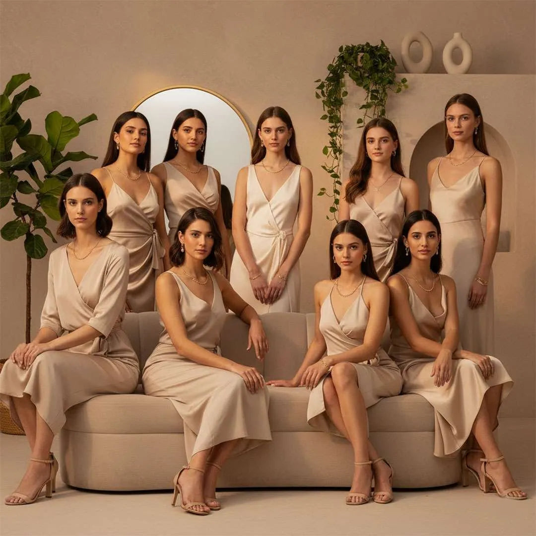 Group of women in elegant dresses posing in a studio setting with plants and decor.