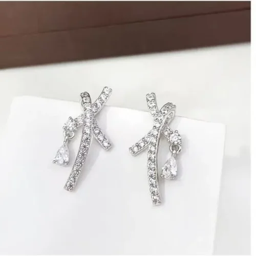 Silver Criss Cross Pave Crystals Drop Earrings