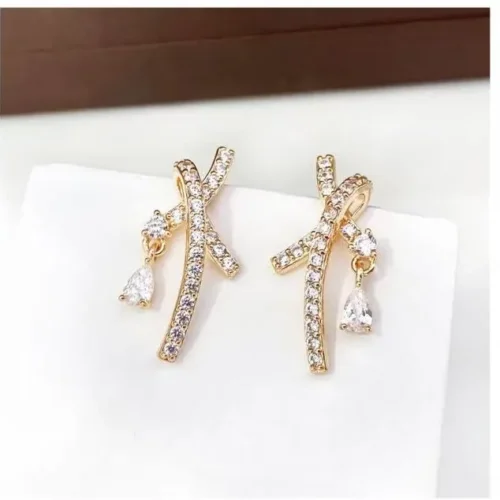 Silver Pink Criss Cross Pave Crystals Drop Earrings